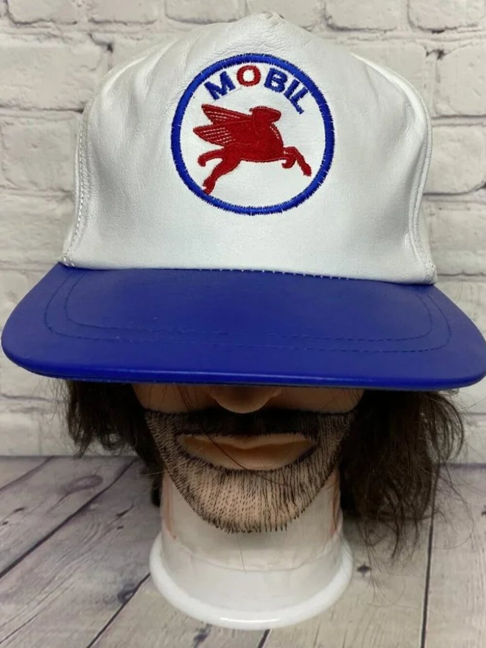 Vintage Mobil Oil Leather Hat Cap Strap Back White Blue Embroidered Pegasus